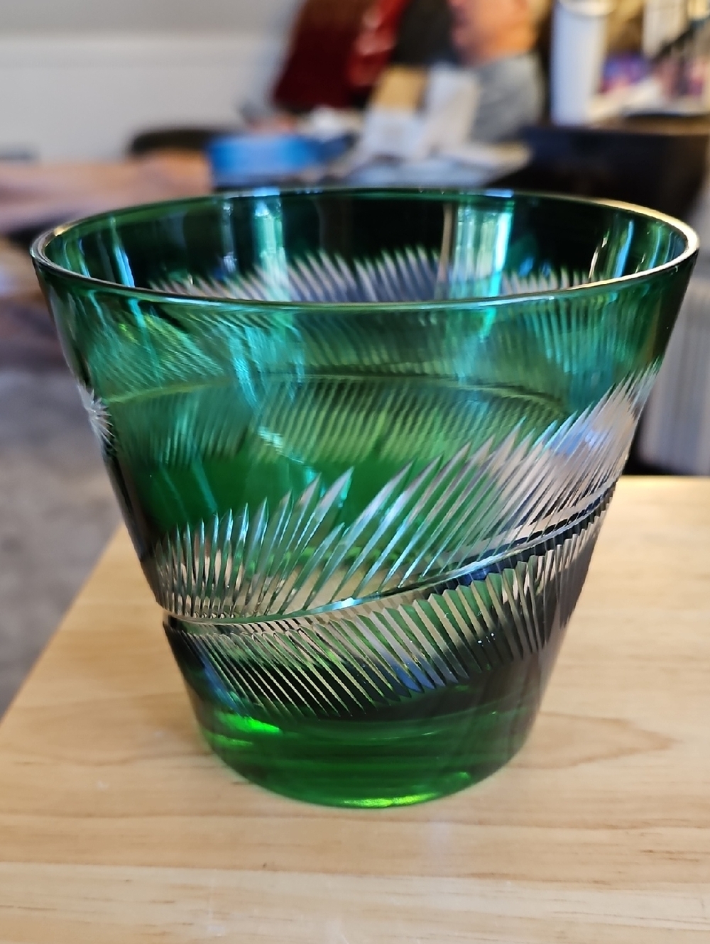 Vintage Green Etched Glass Leaf Feather  Tumbler